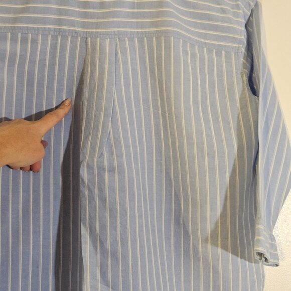 Uniqlo Women's Shirt L Blue Linen Blend Band Collar 3/4 Sleeve Striped Scandi - Picture 7 of 9